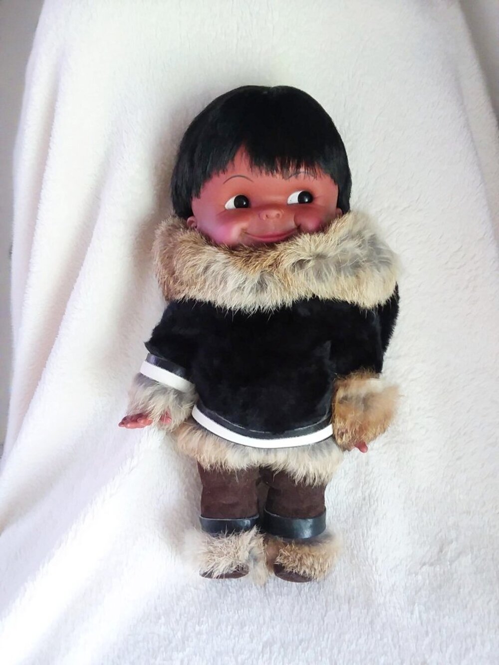 Vintage Inuit Doll in Black Park Leather Fur, Collectible Doll